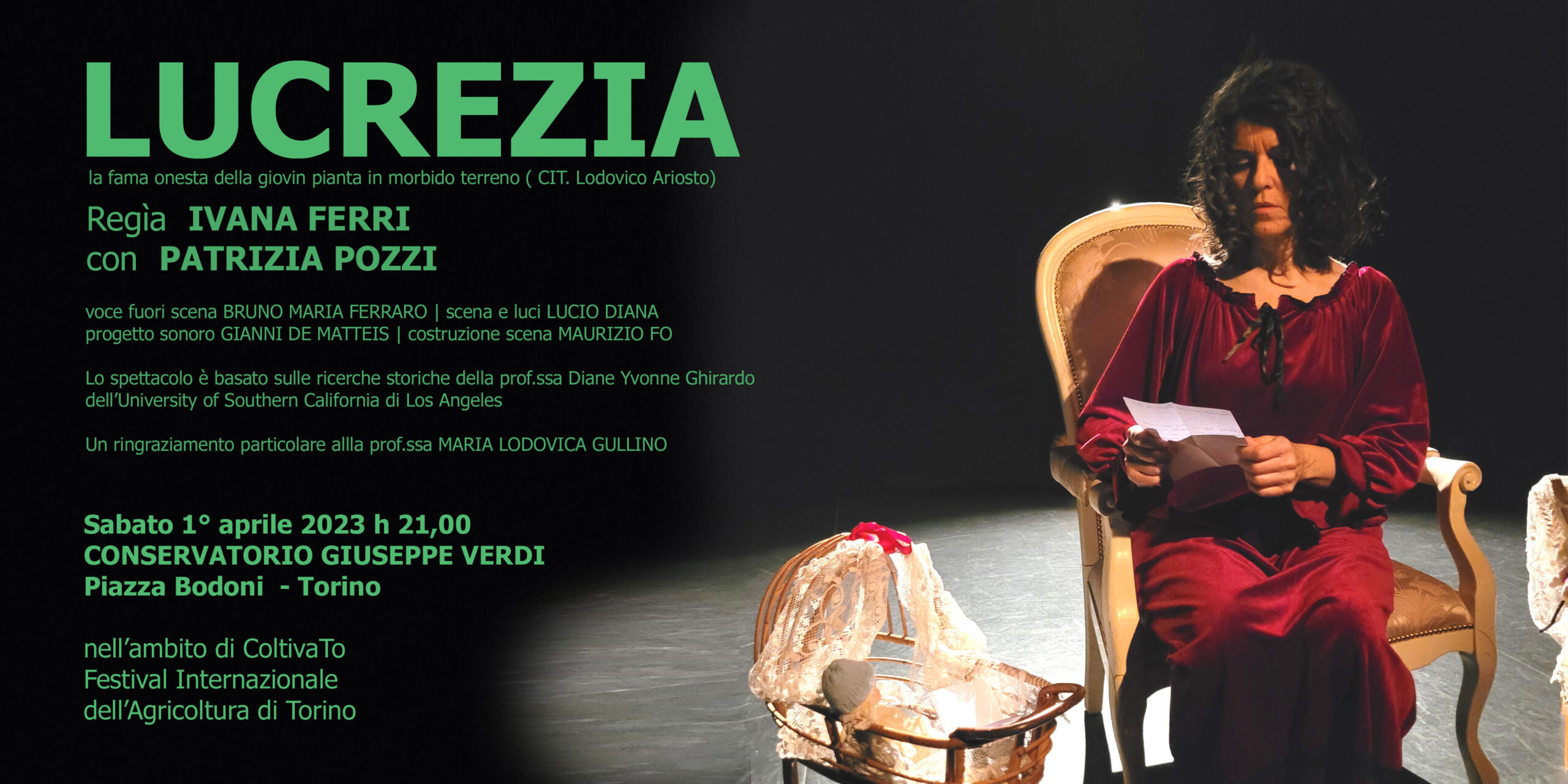 Lucrezia interpretata da Patrizia Pozzi - Locandina della serata al conservatorio di Torino il 1/4/2023