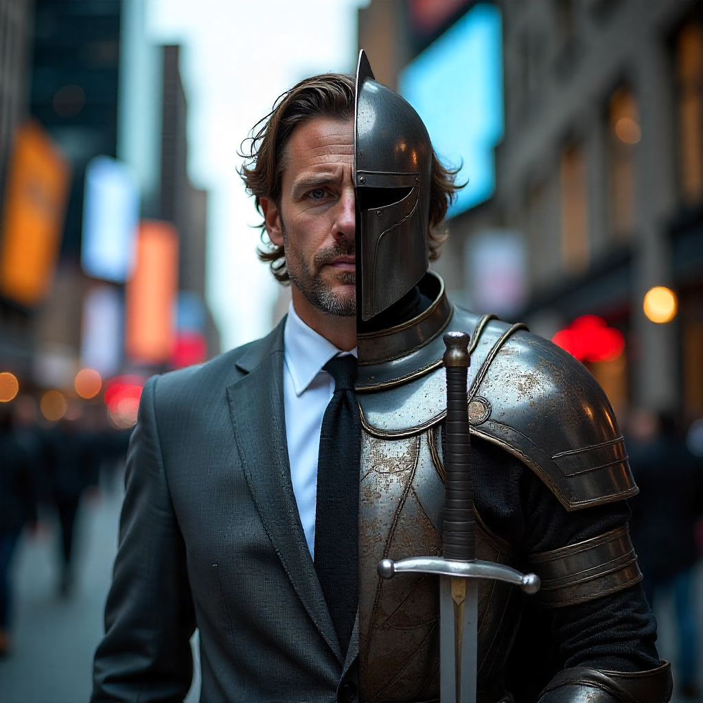 immagine di un attore nella vita quotidiana e con l'armatura quale costume di scena.